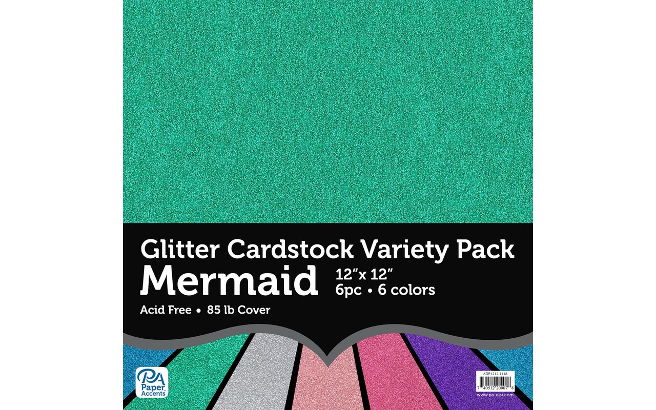 Accent Design Paper Accents Glitter Cardstock Variety Pack - Mermaid 12x12 Assorted Colors - Non-Shedding Glitter Paper for Scrapbooking, Crafts, Invitations & Scrapbooking - Archival Quality